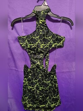 Fashion Nova Black Dress with Neon Green Crackle Detail